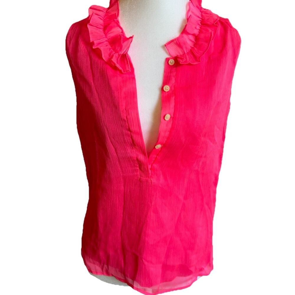 J. Crew Top XS Ruffles Sleeveless Neon Pink Barbie Sheer Summer Shirt 00 Office